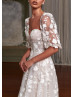 Ivory Embroidered Lace Tulle Fairytale Wedding Dress With Detachable Sleeves